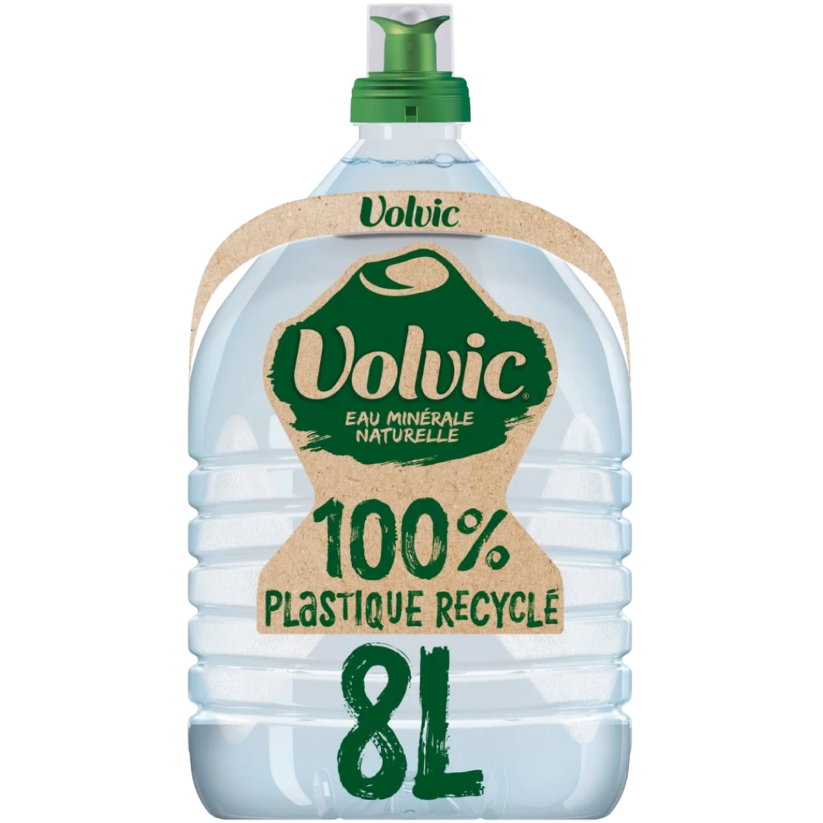 An 8-liter plastic water bottle by Volvic, featuring a clear body with a green cap and a beige and green label highlighting recycled plastic.